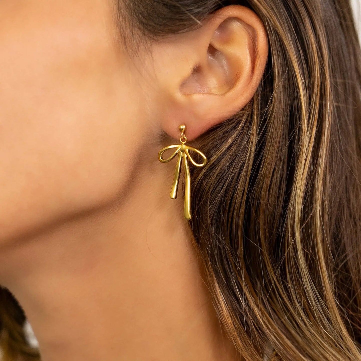 18K Gold PVD Stainless Steel Ribbon Bow Earrings WJW