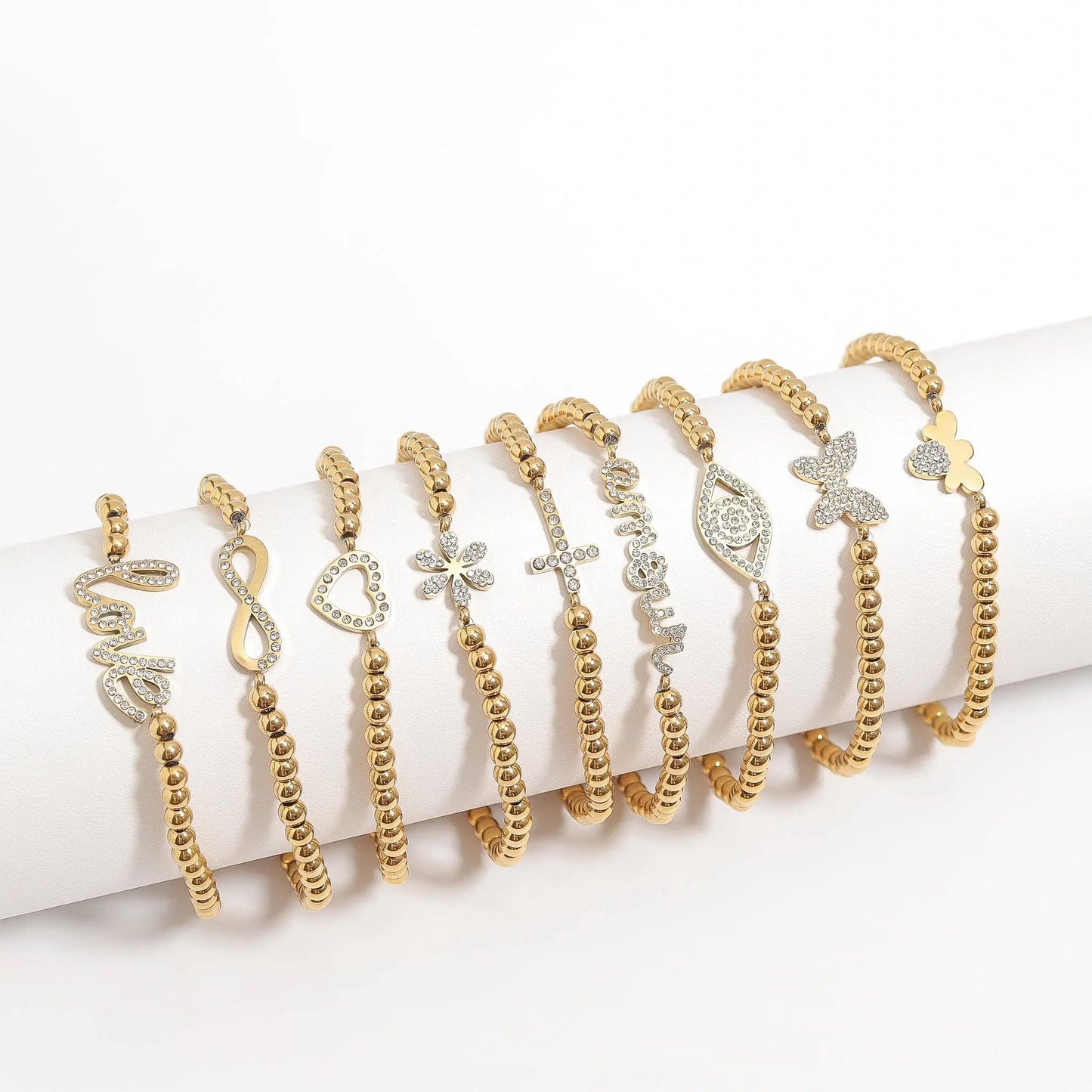 18K Gold PVD Stainless Steel Stone 'Amour' Metal Beaded Stretch Bracelet WJW