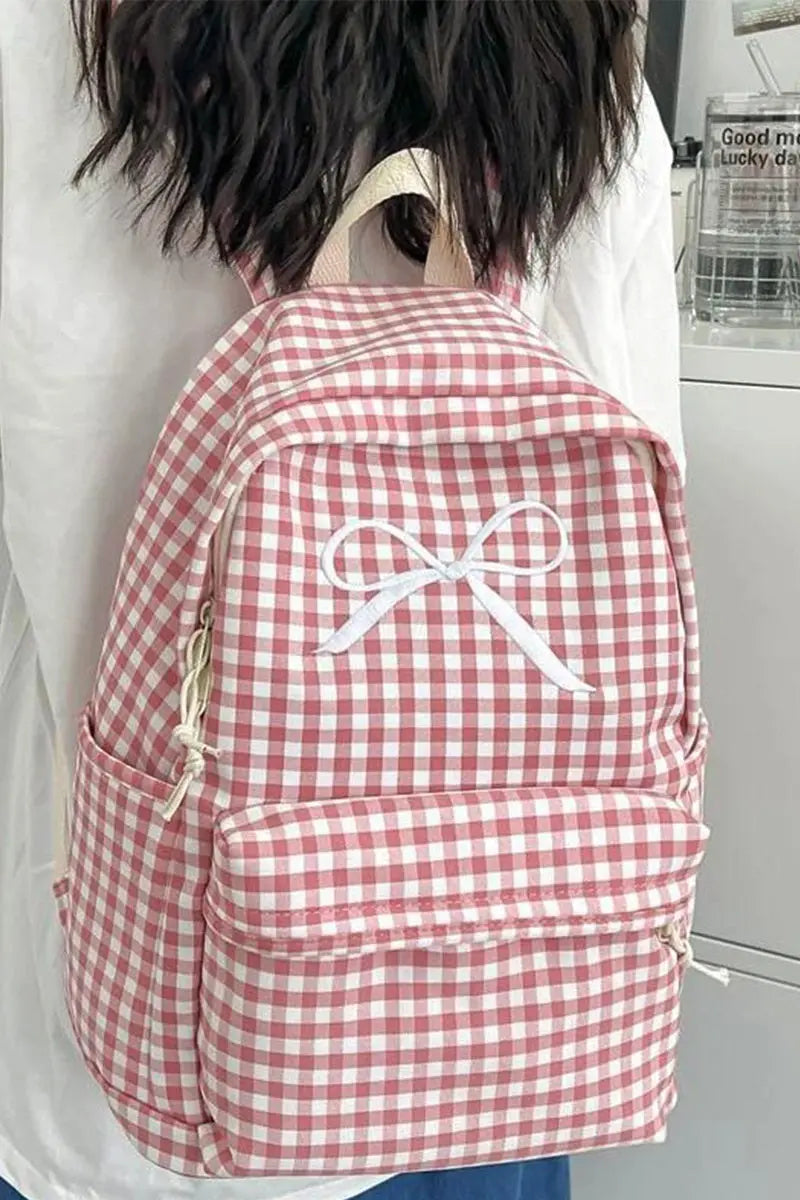 Coquette Bow Embroidered Checkered Backpack Zenana