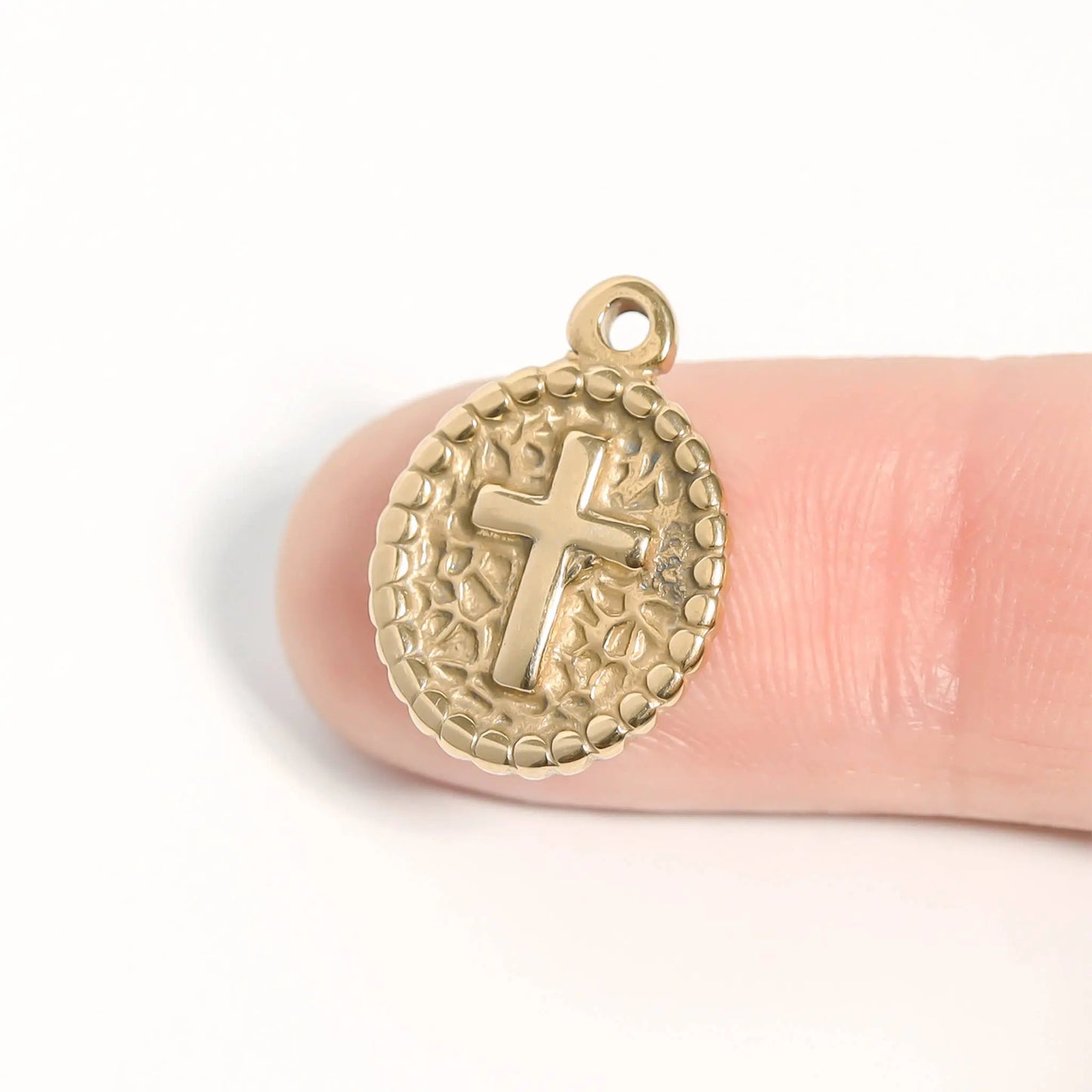 18K Gold PVD Stainless Steel Textured Medallion Cross Charm WJW