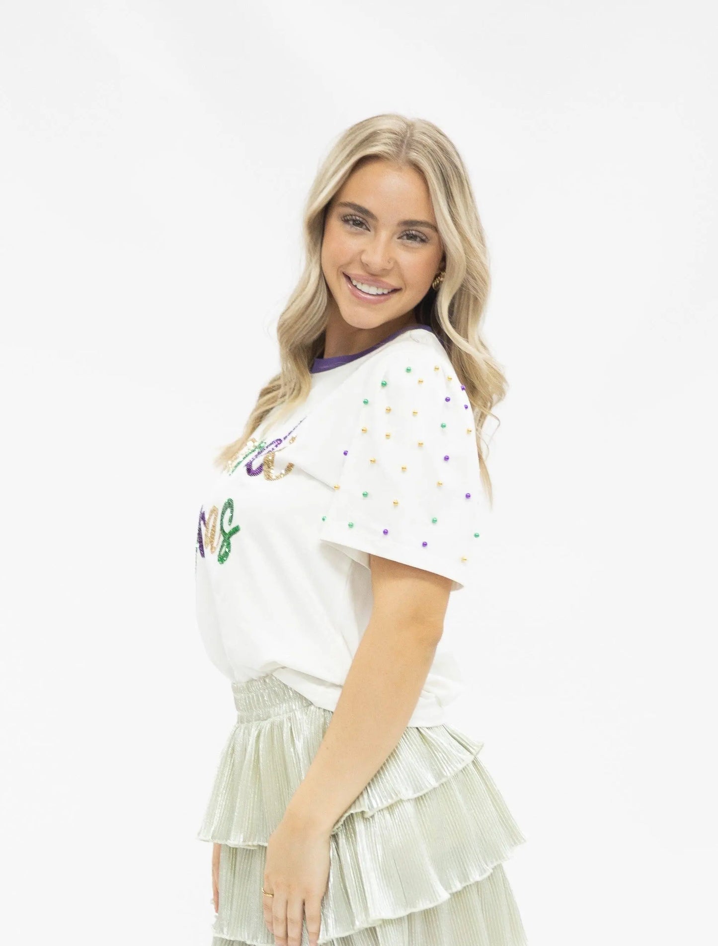 GRACE+EMMA Women's Sequin Mardi Gras White Princess Plus Top GRACE+EMMA