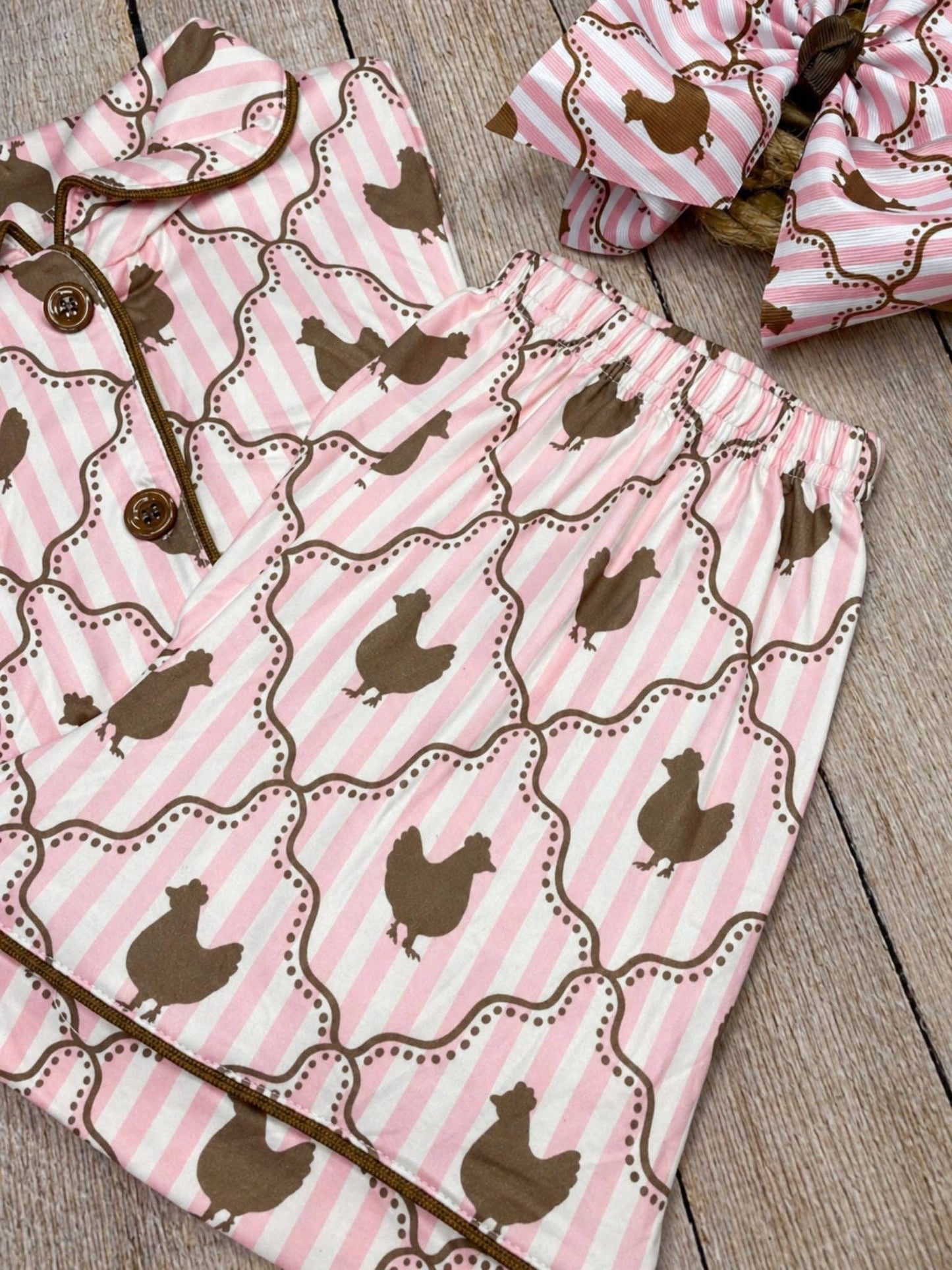 The Hair Bow Company - Pink Chicken Coop Pajama Set | Girls & Women Matching Farm Pajamas - Size 7