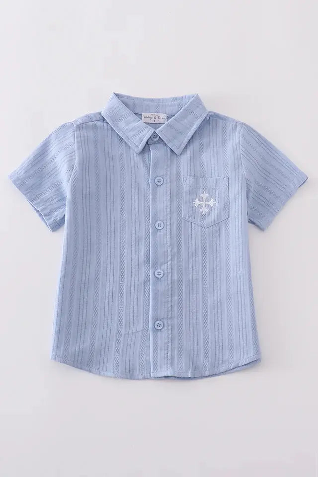 Toddler Boy's Blue Cross Embroidery Button Down Honey Dew
