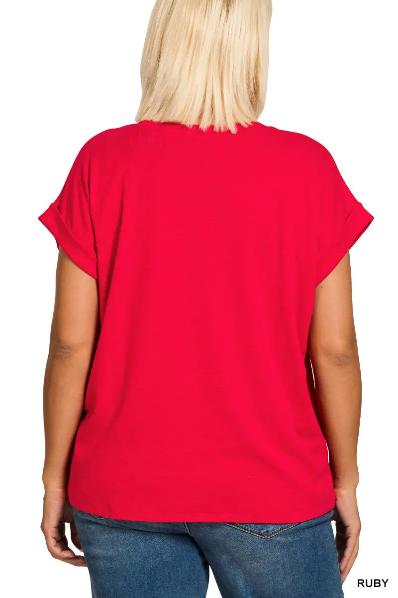 Zenana Women's Plus Cotton Slub Rolled Sleeve Tee - Ruby Zenana