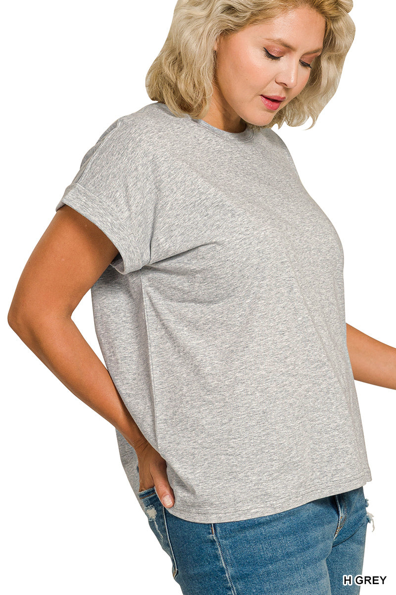 Zenana Women's Plus Round Neck Folded Short Sleeve T-shirt - Gray