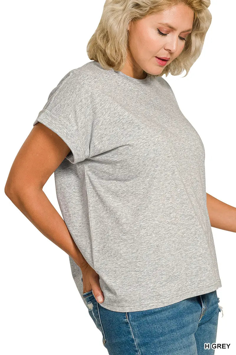 Zenana Women's Plus Round Neck Folded Short Sleeve T-shirt - Gray Zenana