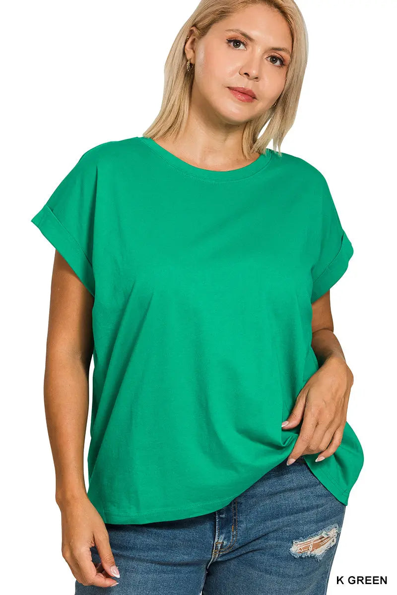 Zenana Women's Plus Round Neck Folded Short Sleeve T-shirt - Green Zenana