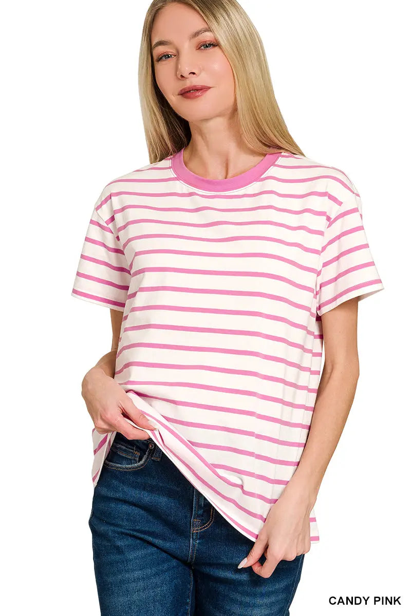 Zenana Women's Striped Crew-Neck T-shirts - Candy Pink Zenana