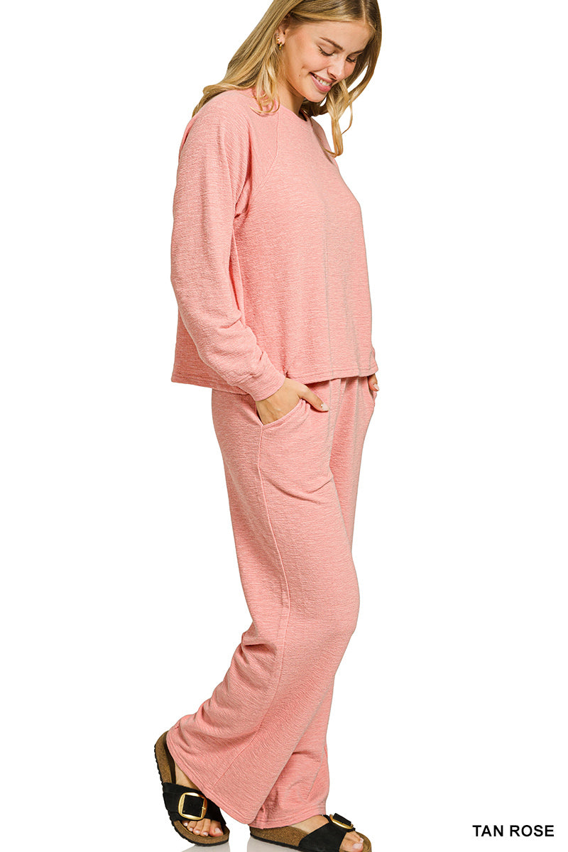Zenana Women's Slub Long Sleeve Top & Pants Set - Tan Rose