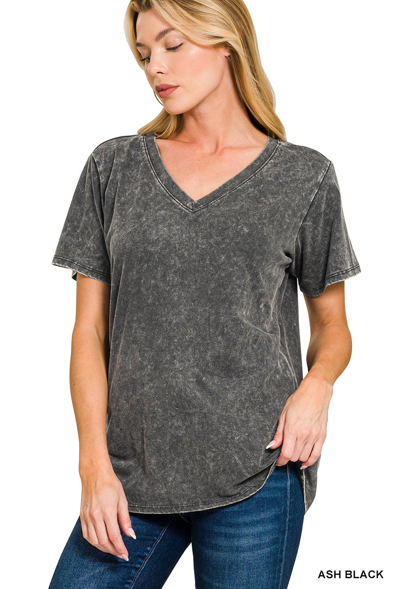 Zenana Women's Washed Short Sleeve V-neck Top - Ash Black