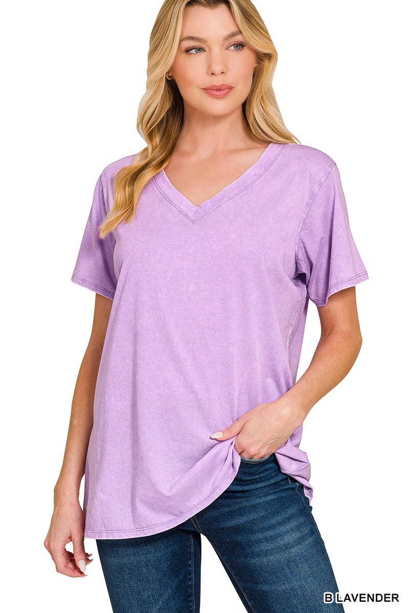 Zenana Women's Washed Short Sleeve V-neck Top - Lavender
