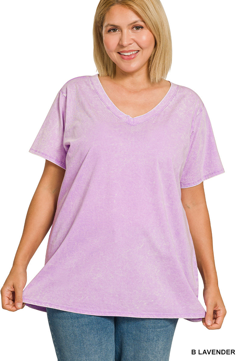 Zenana Women's Washed Short Sleeve V-neck Plus Top - Lavender