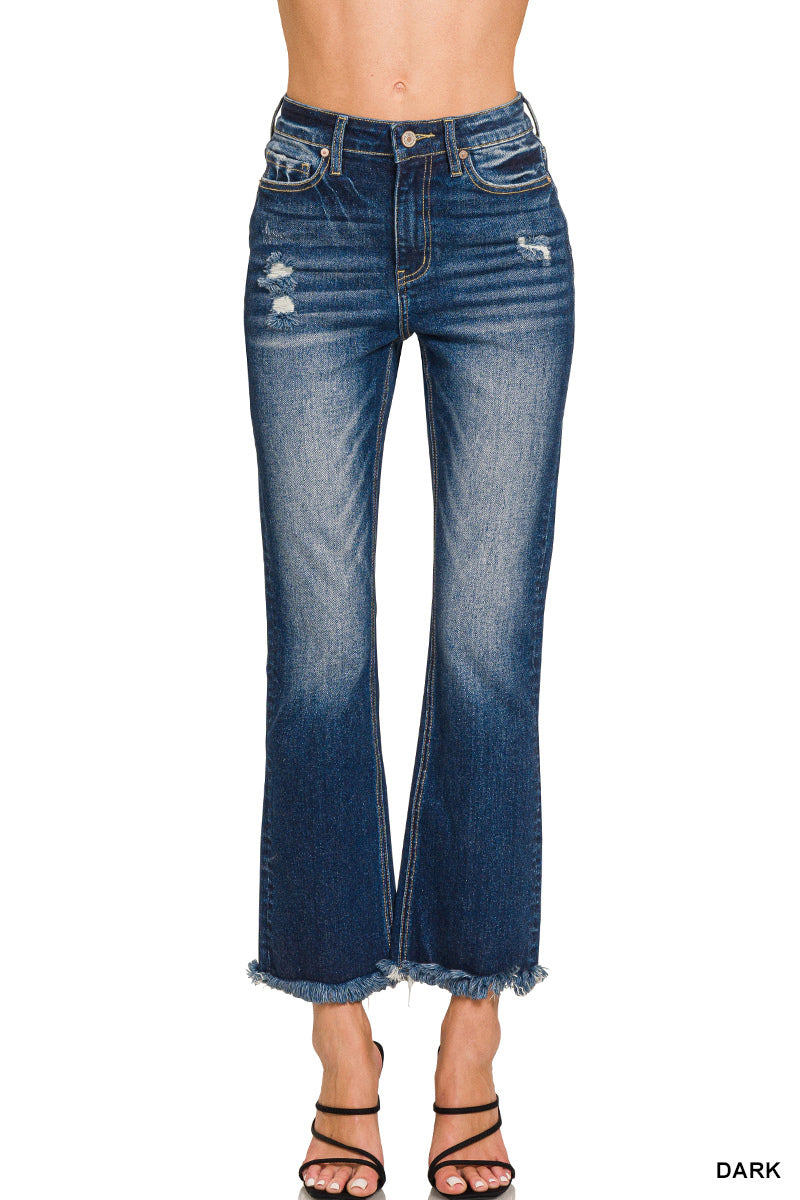 High Rise Straight Raw Hem Cropped Denim Pants