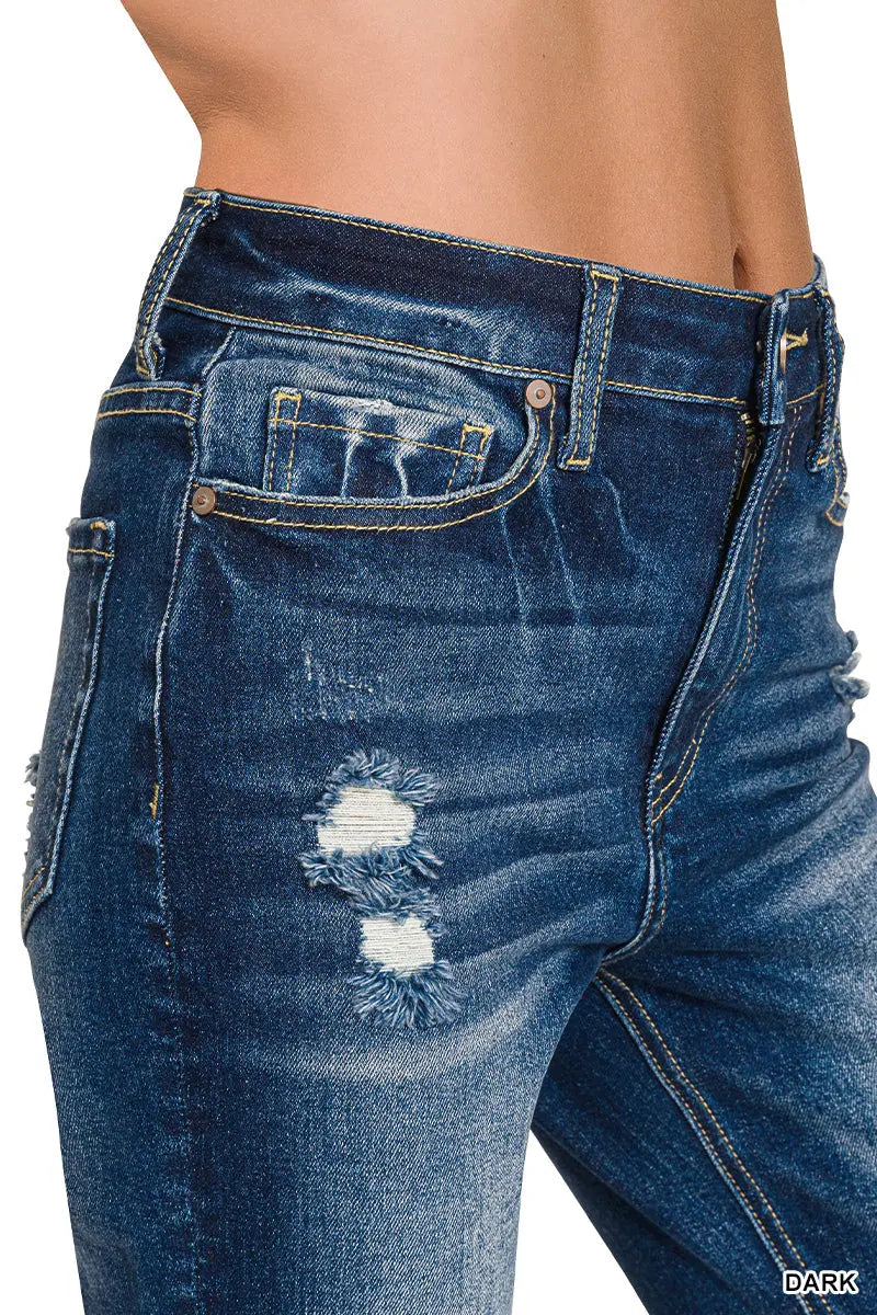 Zenana Women's High Rise Straight Raw Hem Cropped Denim Pants - Dark Zenana