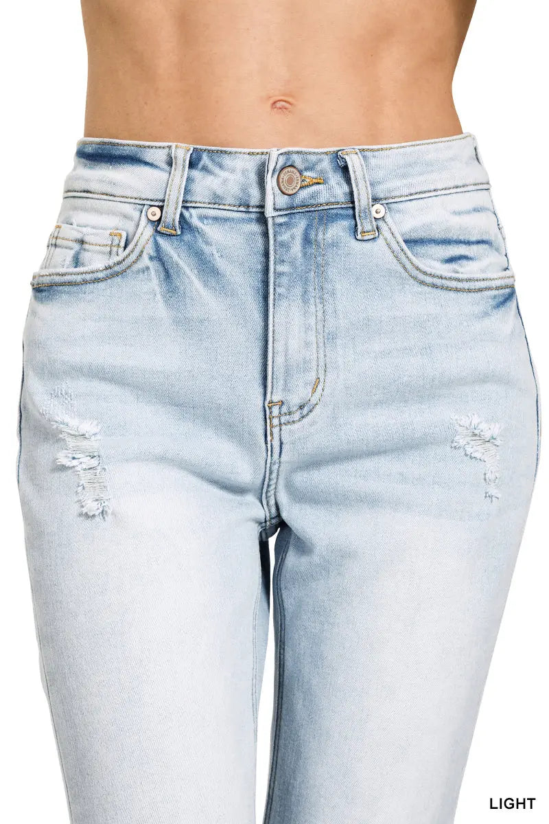 Zenana Women's High Rise Straight Raw Hem Cropped Denim Pants - Light Wash Zenana