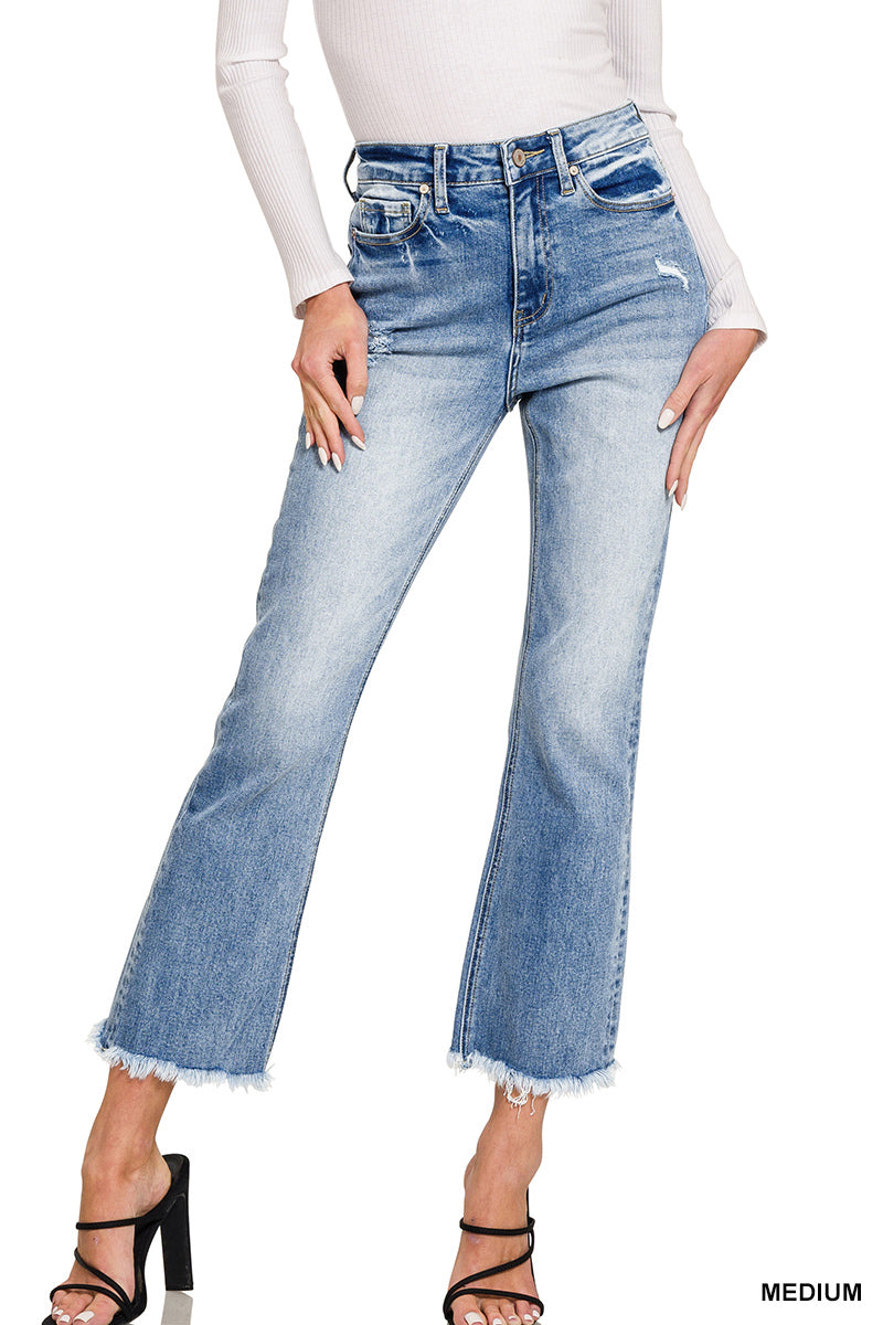 High Rise Straight Raw Hem Cropped Denim Pants