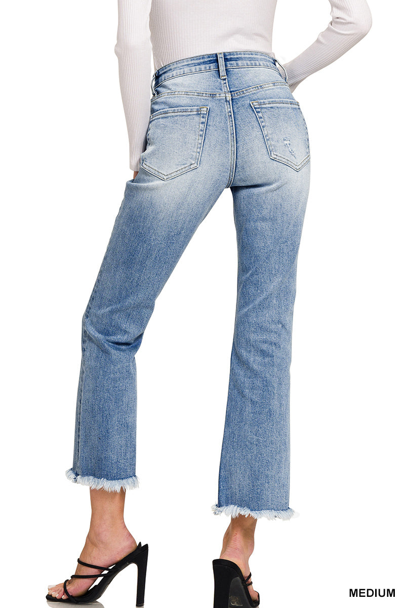 High Rise Straight Raw Hem Cropped Denim Pants