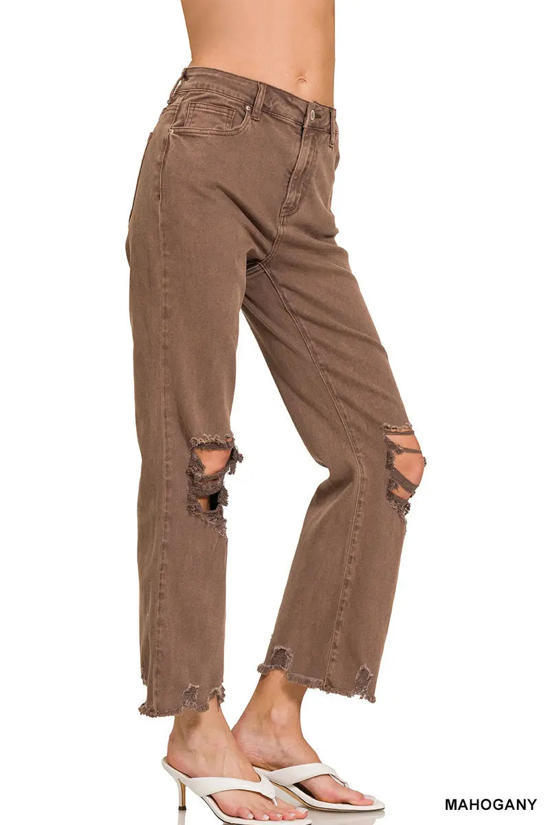 Zenana Women's Acid Washed High Waist Distressed Straight Pants - Mahogany Zenana