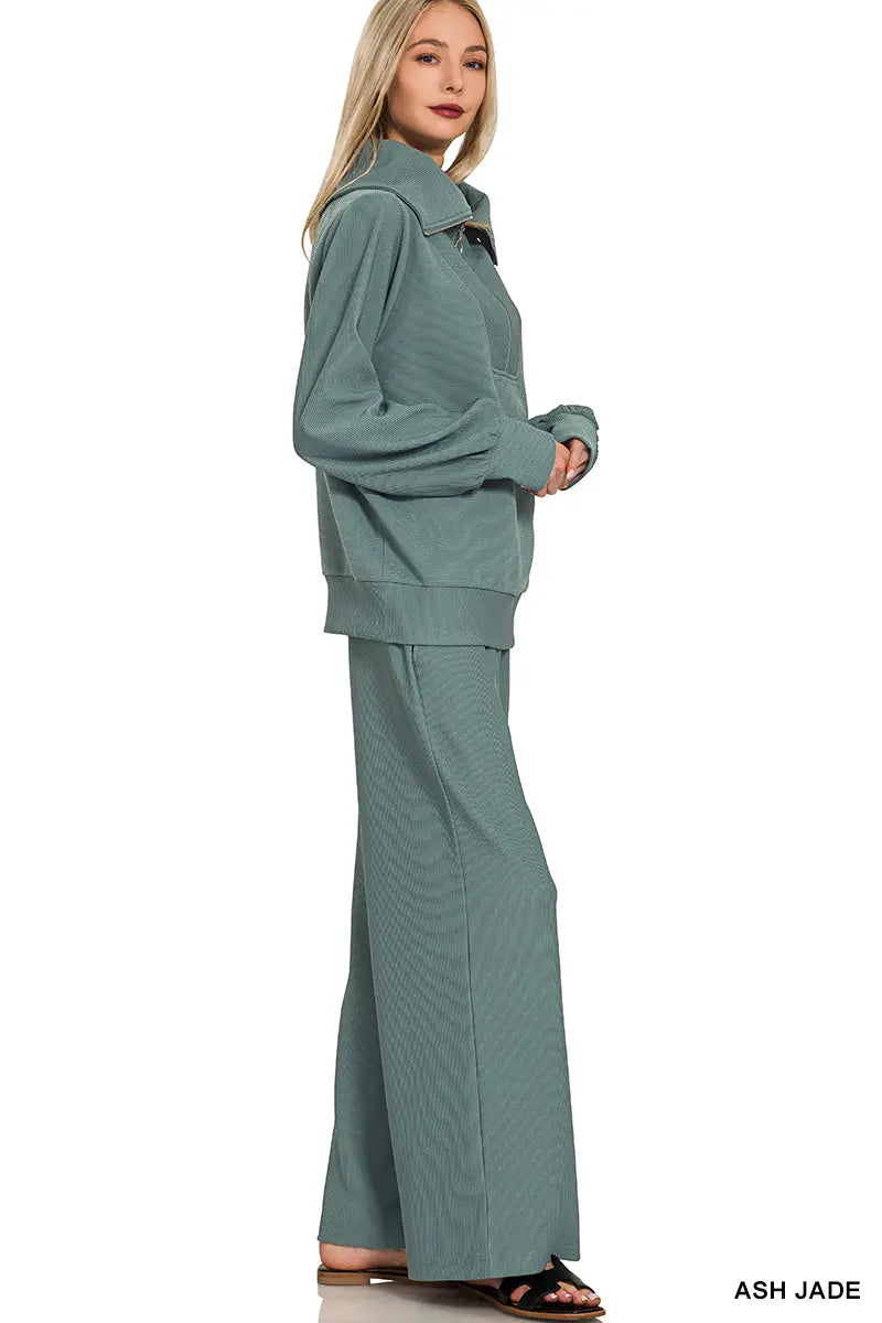 Zenana Women's Ribbed High Neck Half Zip Pullover & Pants Set - Ash Jade Zenana