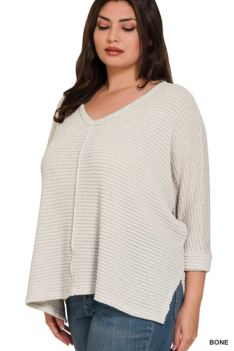 Zenana Women's 3/4 Sleeve V-Neck Hi/Low Hem Jacquard Plus Size Sweater - Bone Zenana