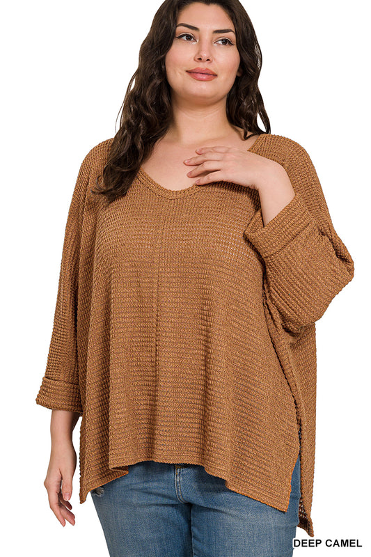 3/4 Sleeve V-Neck Jacquard Sweater - Plus Size