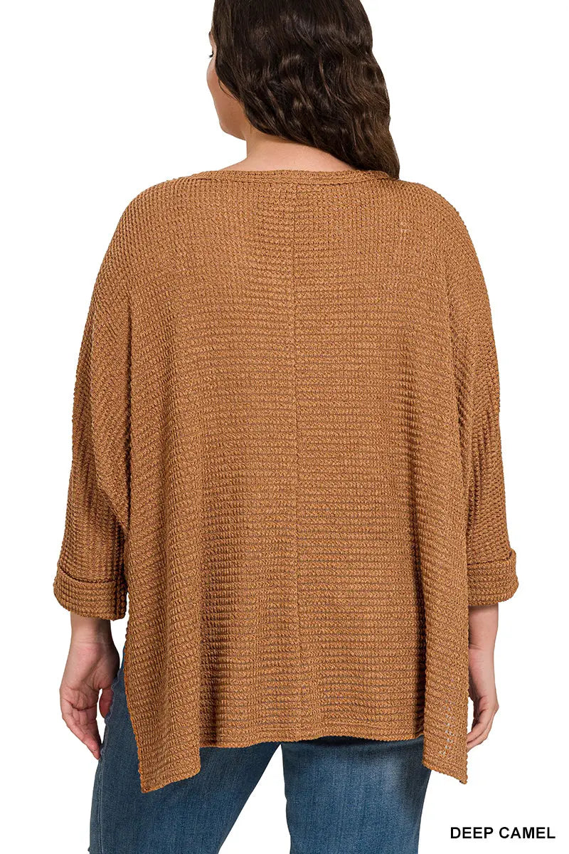 Zenana Women's 3/4 Sleeve V-Neck Jacquard Plus Size Sweater - Deep Camel Zenana