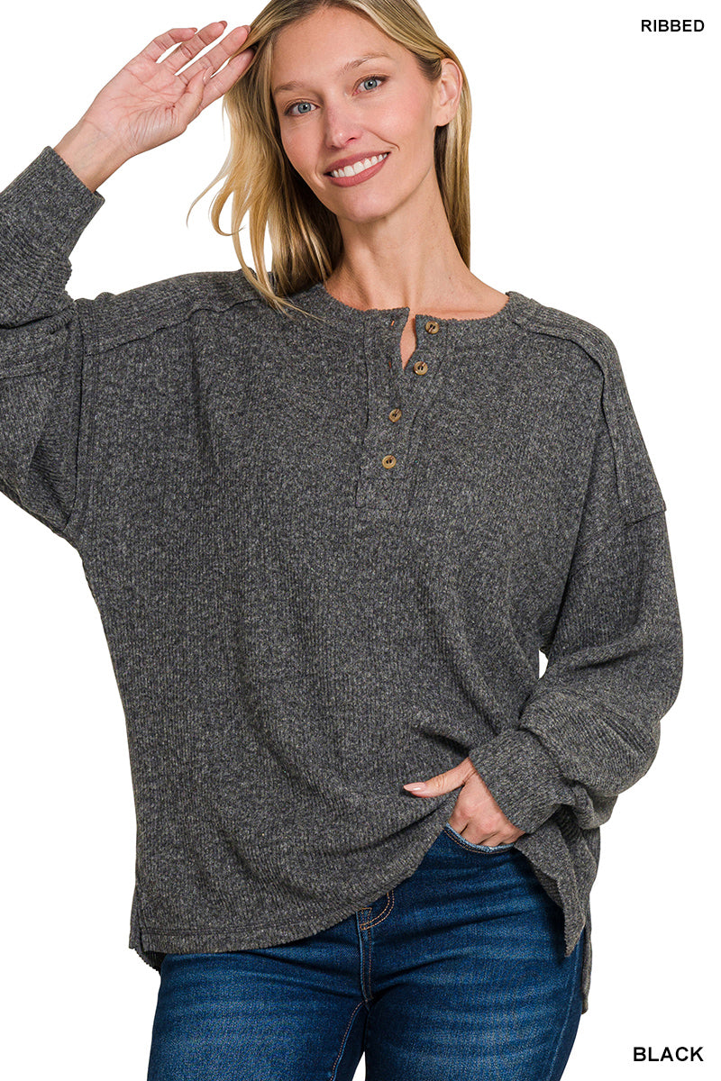 Zenana Women's Ribbed Brushed Hacci Melange Henley Sweater - Black