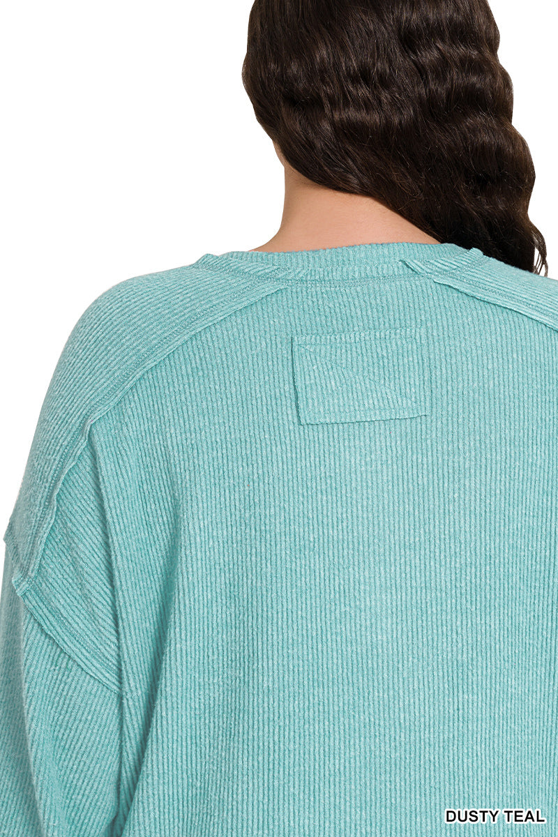 Zenana Women's Plus Ribbed Brushed Hacci Melange Henley Sweater - Dusty Teal