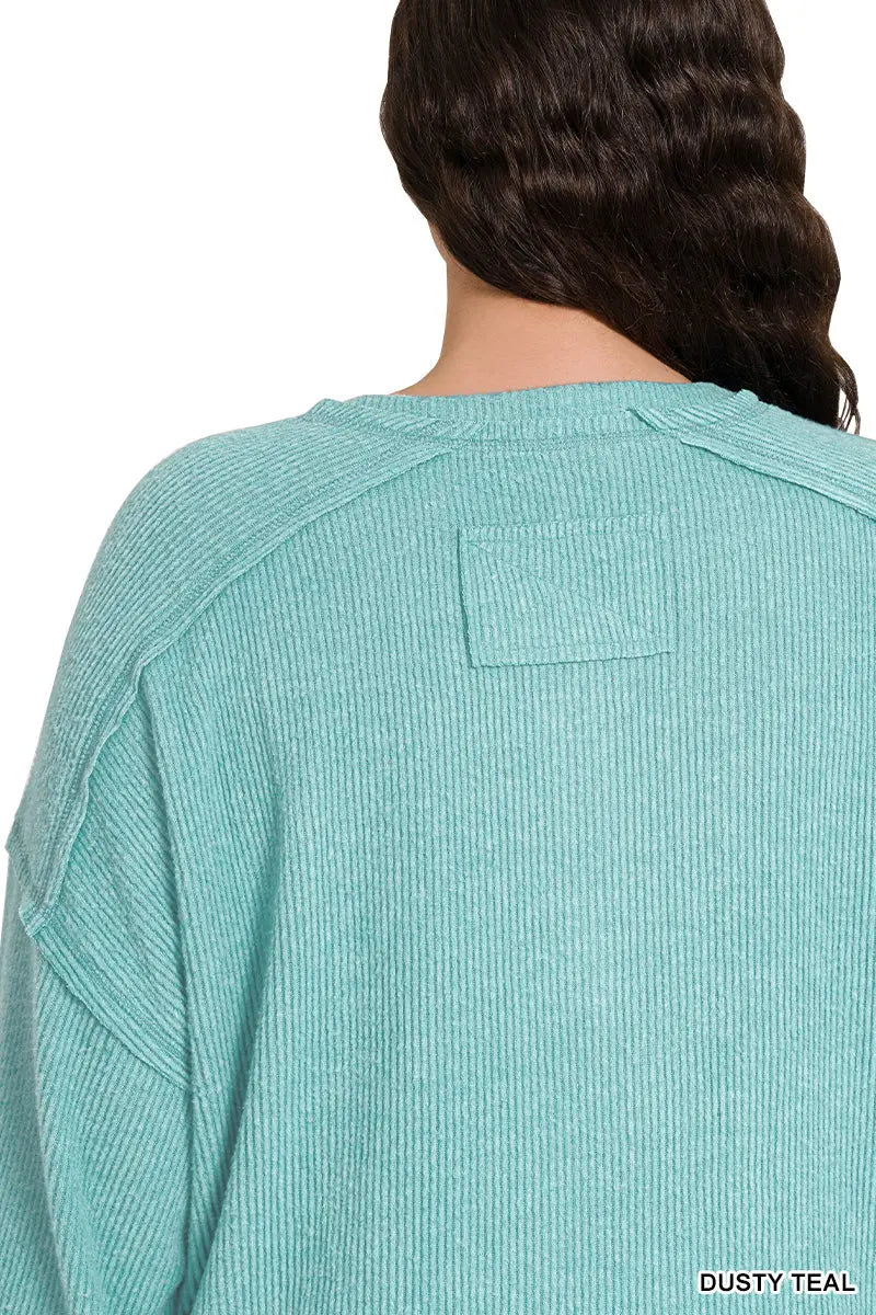 Zenana Women's Plus Ribbed Brushed Hacci Melange Henley Sweater - Dusty Teal Zenana