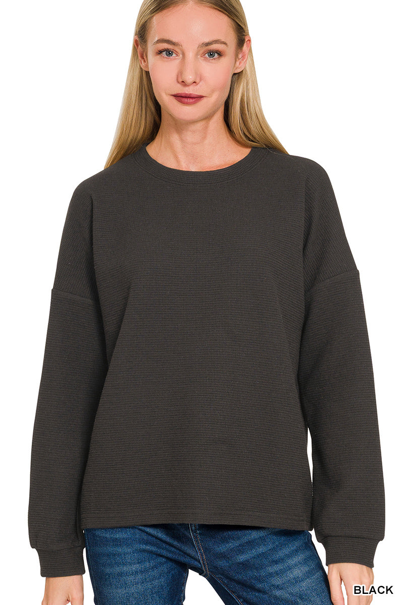 Zenana Women's Double Knit Round Neck Long Sleeve Top - Black