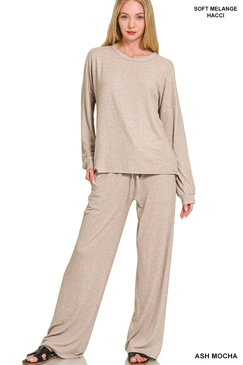 Zenana Women's Soft Melange Hacci Long Slv Tee & Pants Set - Ash Mocha Zenana