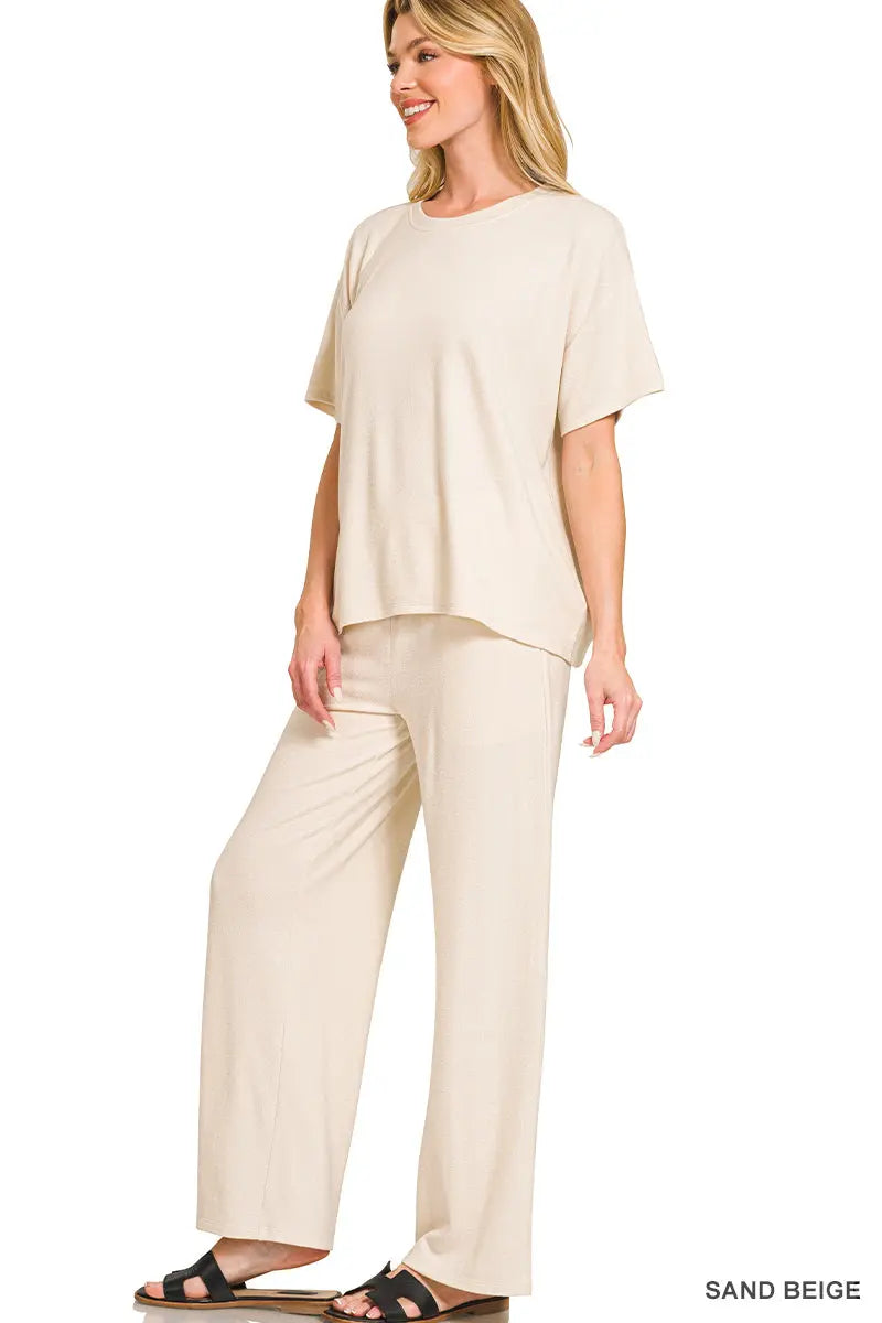 Zenana Women's Soft Melange Short Sleeve Tee & Long Pants Set - Sand Beige Zenana