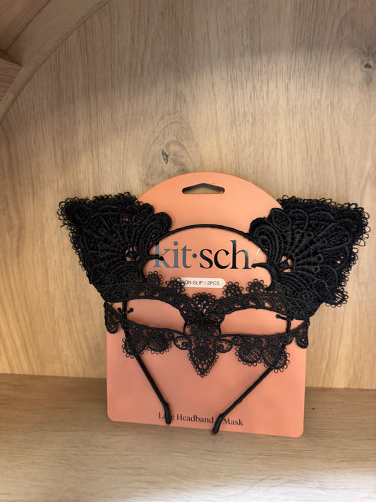 Halloween Lace Headband & Mask 2pc Set - Black Cat