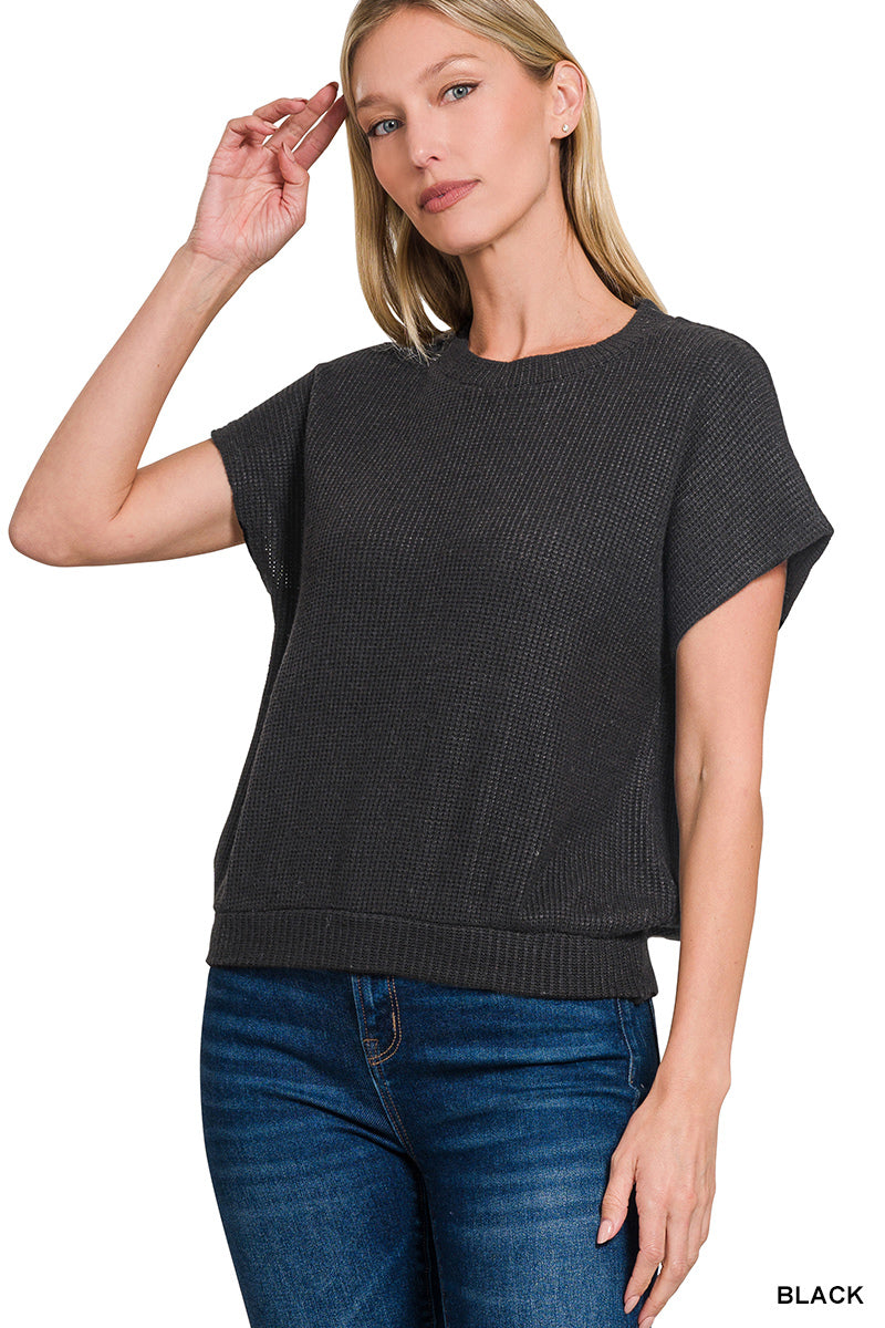 Zenana Women's Round Neck Banded Short Sleeve Sweater - Black