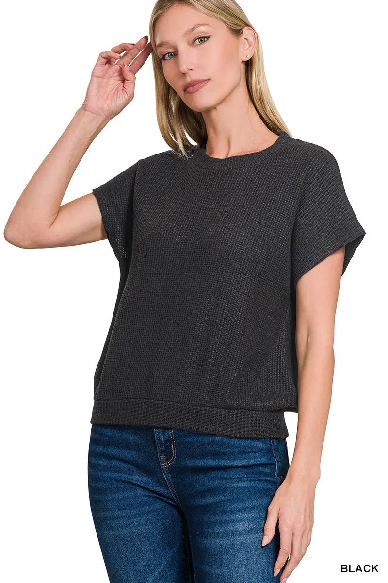 Zenana Women's Round Neck Banded Short Sleeve Sweater - Black Zenana