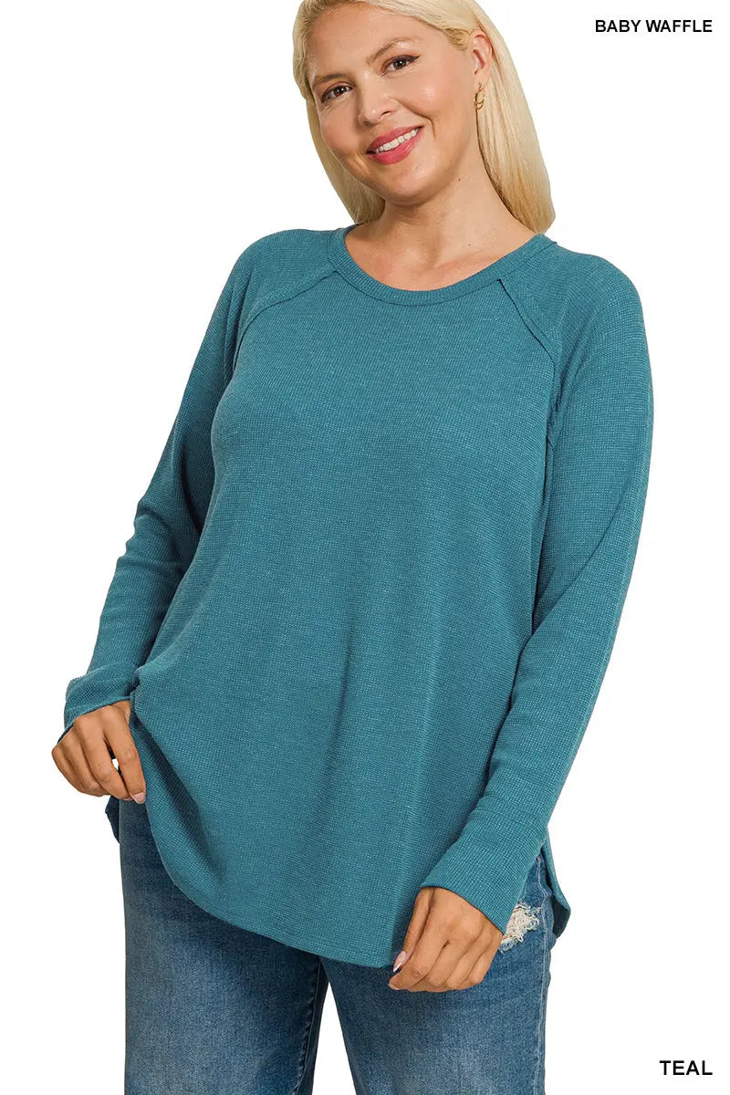 Zenana Women's Plus Waffle Long Sleeve Top - Teal Zenana
