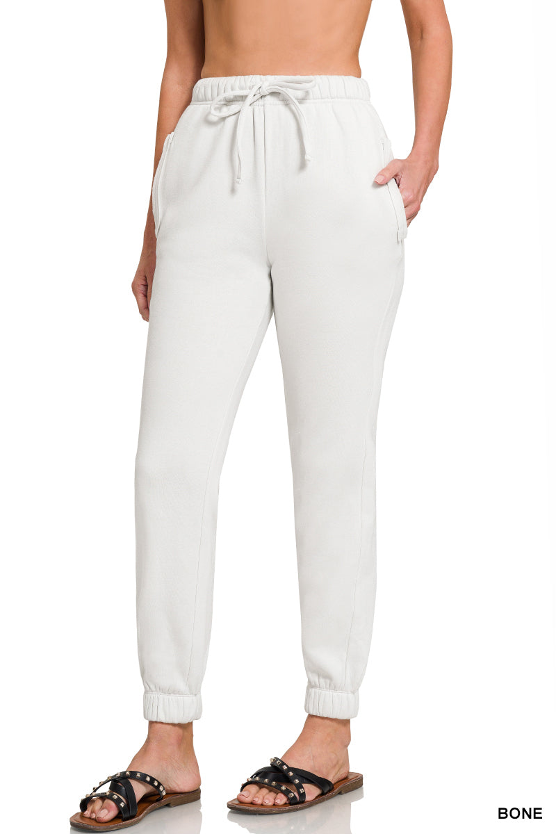 Zenana Women's Fleece Drawstring Joggers With Pocket - Bone