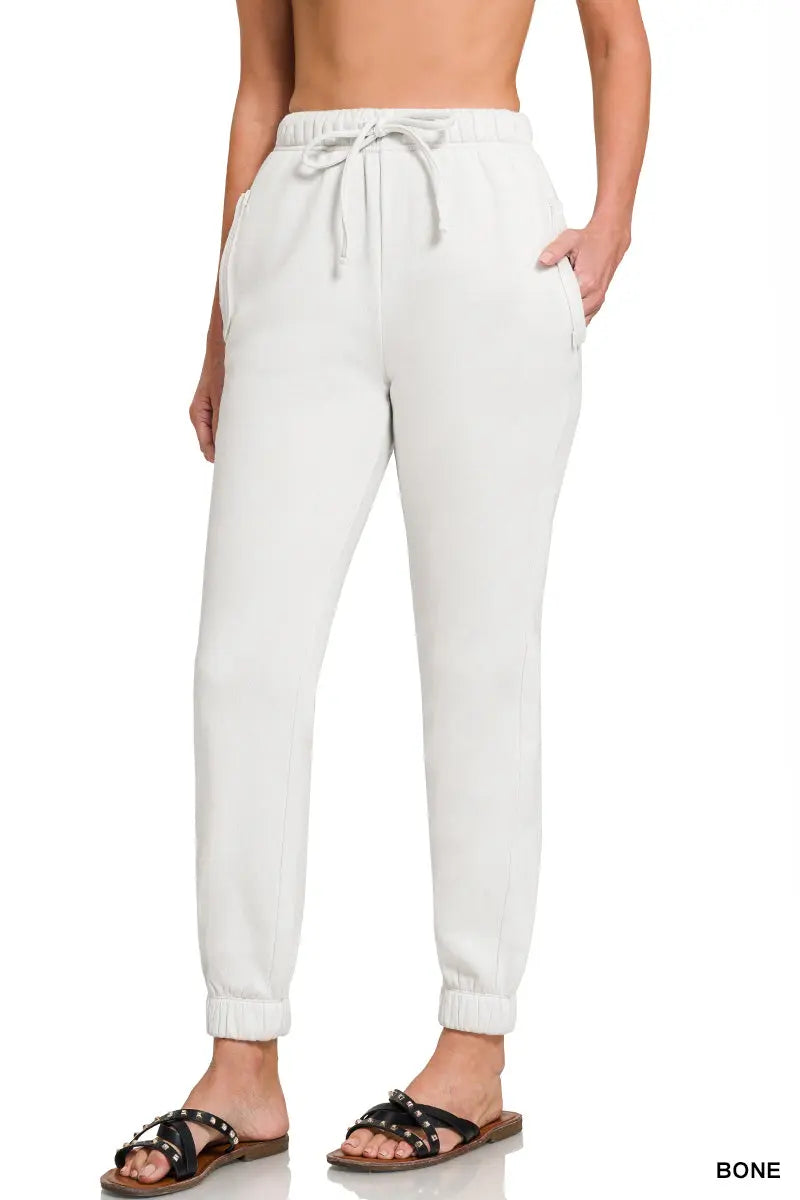 Zenana Women's Fleece Drawstring Joggers With Pocket - Bone Zenana