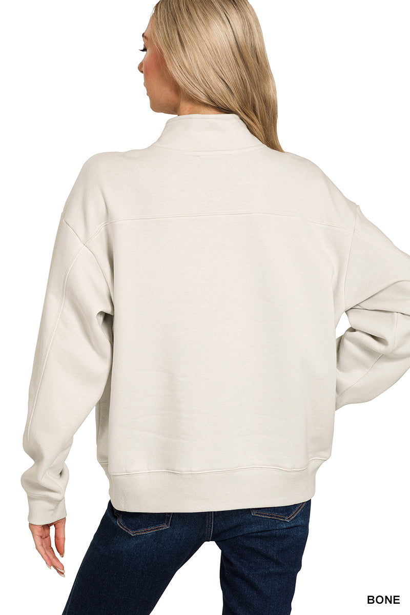 Zenana Women's Fleece Half Zip Sweatshirt - Bone