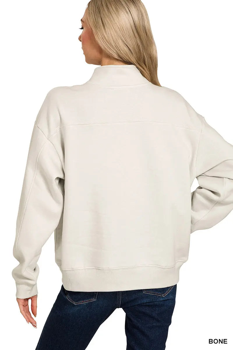 Zenana Women's Fleece Half Zip Sweatshirt - Bone Zenana