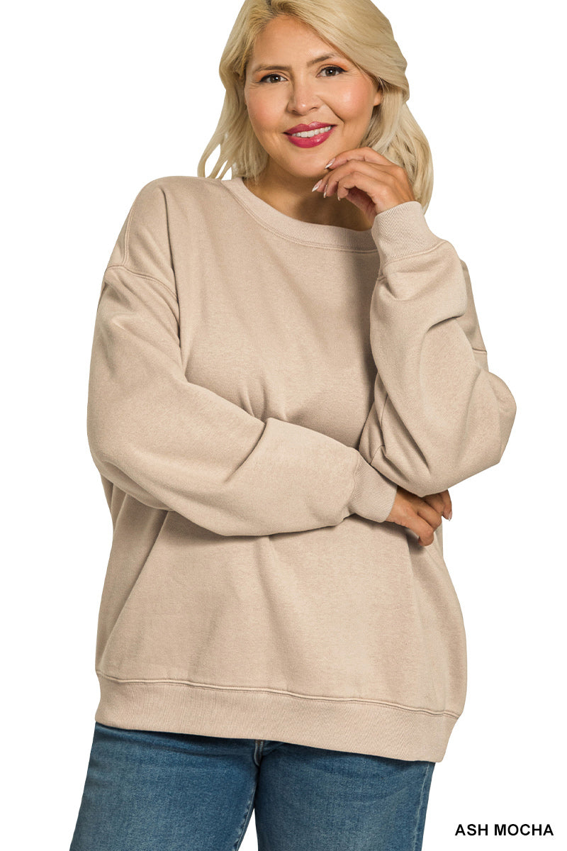 Zenana Women's Plus Fleece Crewneck Pullover Sweatshirt - Ash Mocha