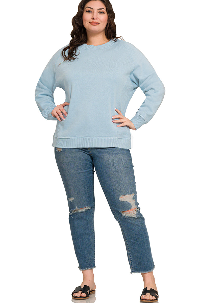 Zenana Women's Plus Fleece Round Neck Ribbed Side Raglan Sweatshirt - Ash Blue