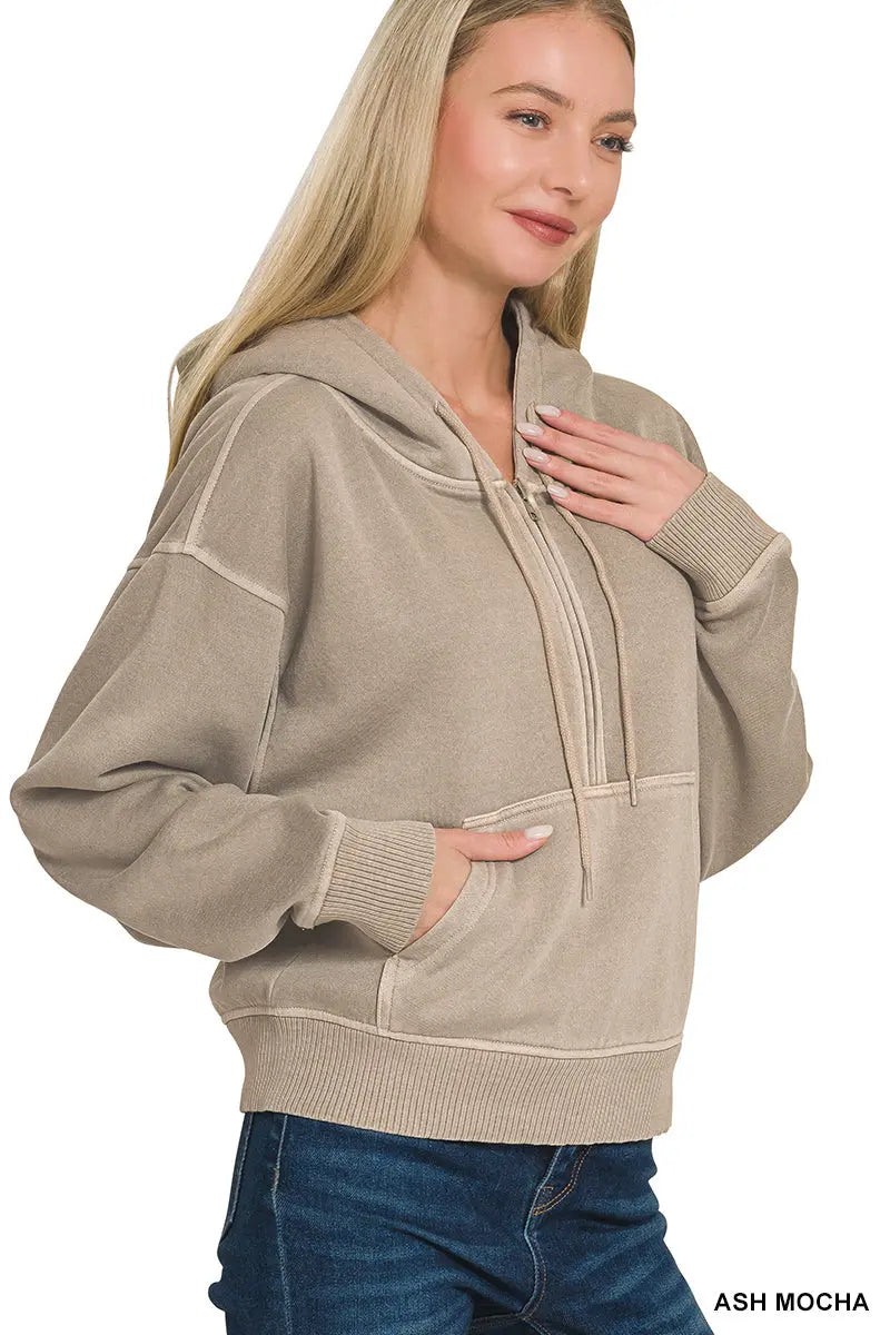 Zenana Women's Fleece Pigment Dye Half Zip Kangaroo Pocket Hoodie - Ash Mocha Zenana