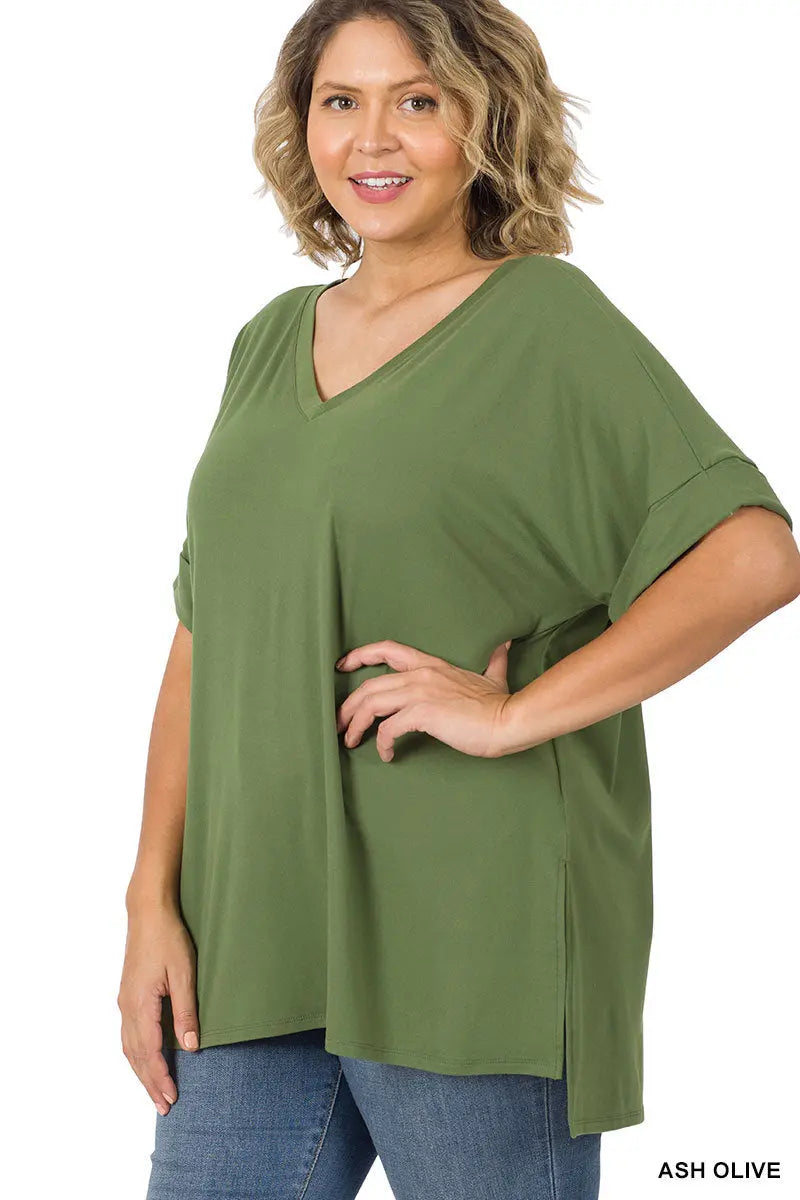 Zenana Women's Brushed DTY Rolled Sleeve V-Neck Top - Plus Size - Ash Olive Zenana