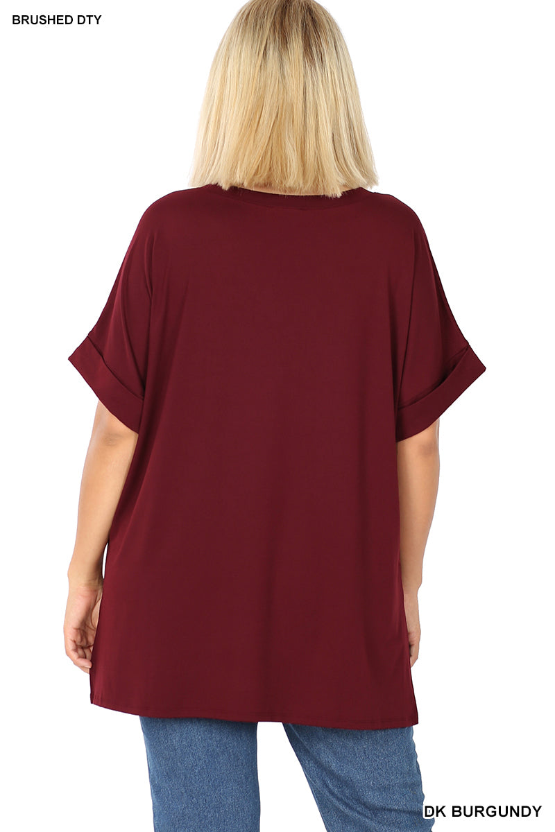 Zenana Women's Plus Brushed DTY Rolled Sleeve V-Neck Top - Dark Burgundy