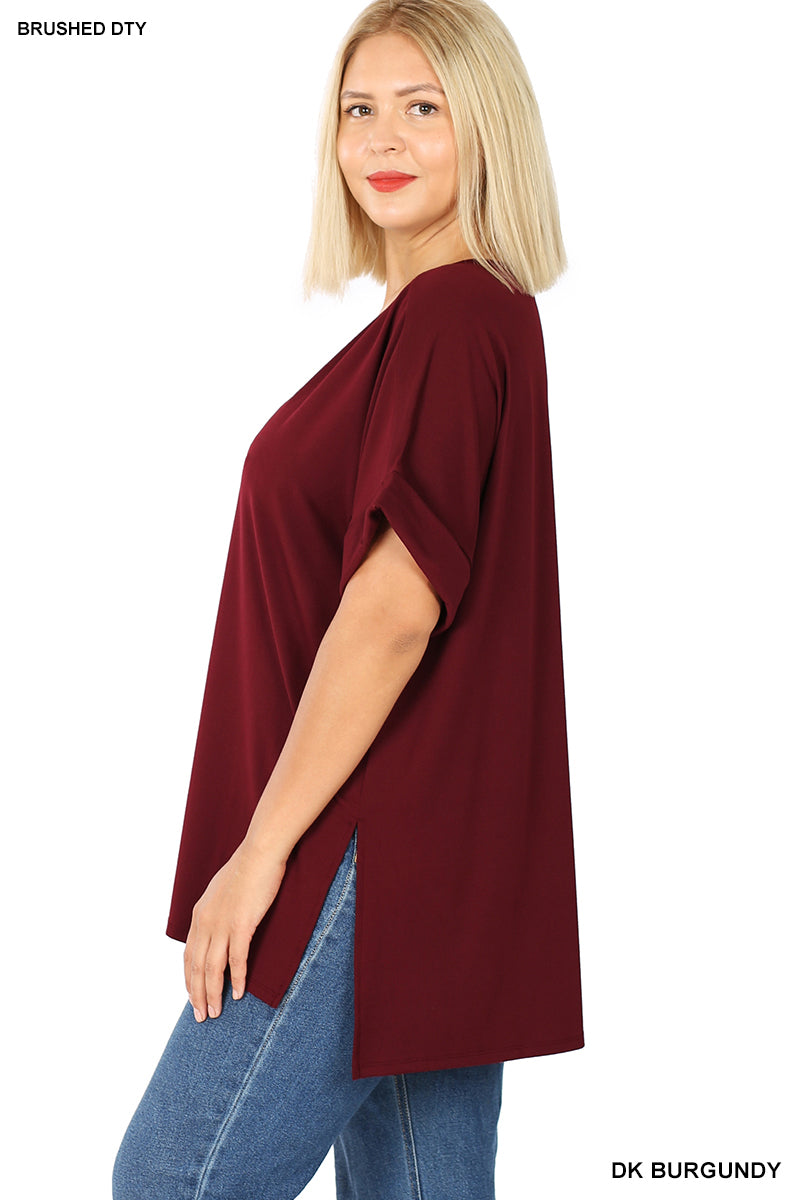 Brushed DTY Rolled Sleeve V-Neck Top - Plus Size