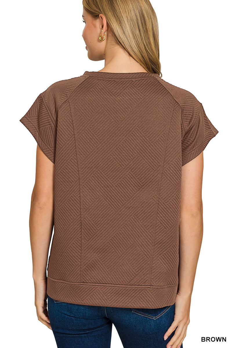 Zenana Women's Textured Knit Jacquard Short Sleeve Top - Brown