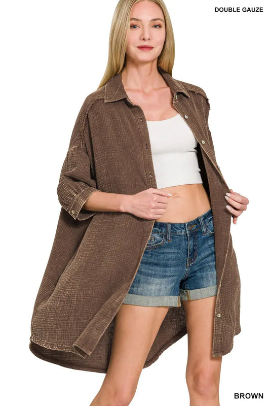 Washed Double Gauze Button Down Shirt Dress