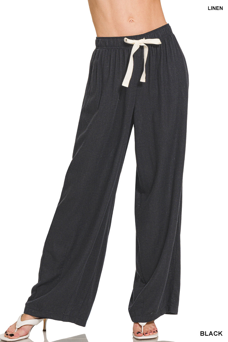 Zenana Linen Drawstring Pants - Black