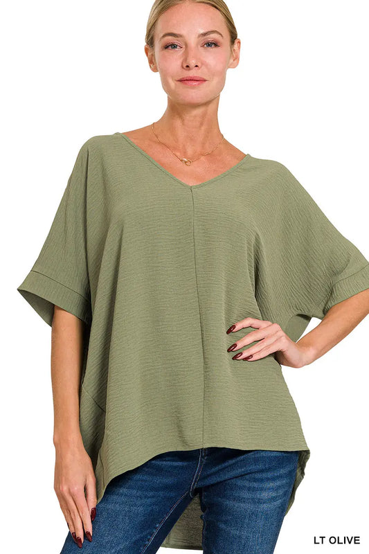 Woven Airflow V-Neck Dolman Short Sleeve Top